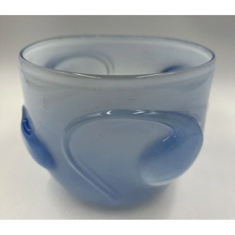 Signed David Hartman Studio Art Glass Bowl Blue Transition Milky Swirl Hand Blow